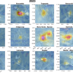 Images of Annual average NOx emissions over 14 open-pit copper mines for the year 2023 derived from the satellite observations and shown as color maps.