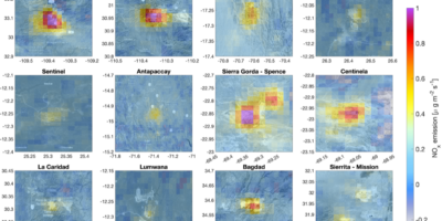 Images of Annual average NOx emissions over 14 open-pit copper mines for the year 2023 derived from the satellite observations and shown as color maps.