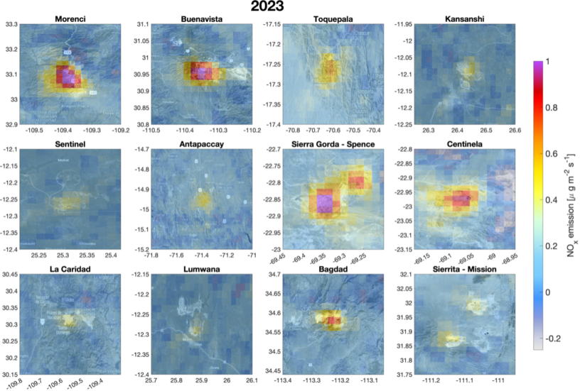 Images of Annual average NOx emissions over 14 open-pit copper mines for the year 2023 derived from the satellite observations and shown as color maps.